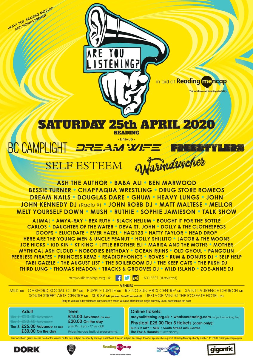 AYLFest's tweet photo. 💛 SOME GOOD NEWS 💛

Our full line-up is here with Self Esteem, Baba Ali, John Robb (DJ Set), Chappaqua Wrestling + 32 more acts

Tickets: https://t.co/cFEjzaS6xV 🎟️

Are You Listening? Festival 2020 💛
Sat 25th April | Reading, UK | In aid of @ReadingMencap #aylfest #rdguk https://t.co/h6ODVhZDRj