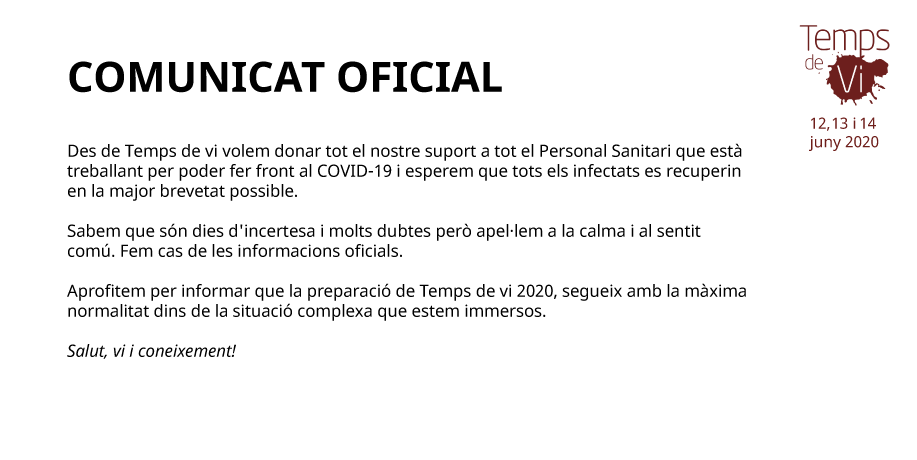 TempsdeVi's tweet image. Comunicat oficial #tempsdevi #tdv2020

#coronavirus @ajuntamentvng @VilanovaTurisme @salutcat