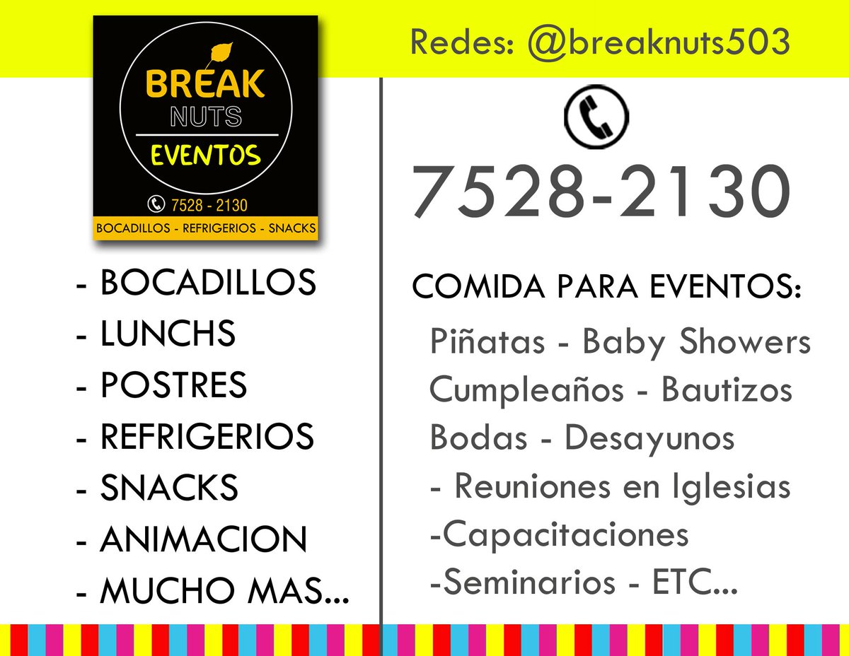 breaknuts503's tweet image. NECESITAS ALGO DIFERENTE EN TU EVENTO, FAMILIAR O CUALQUIER CELEBRACIÓN!
 NOSOTROS NOS ENCARGAMOS DE LA COMIDA!

NUESTRO NUEVO NUMERO 7528-2130 Llamanos y escríbenos para tus encargos y cotizaciones

Nosotros nos encargamos de la comida para tu evento!

@breaknuts503