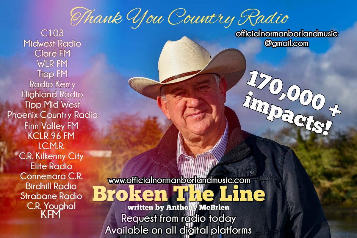 BorlandNorman's tweet photo. Norman's brand new single, #BrokenTheLine, has surpassed the 170,000 impacts mark on country radio ππ
To every station & presenter who has given it a spin so far, & indeed, to every listener who has requested it - may you keep doing so! π - but also...
THANK YOU SO MUCH β€π https://t.co/DUY6hT3rsi