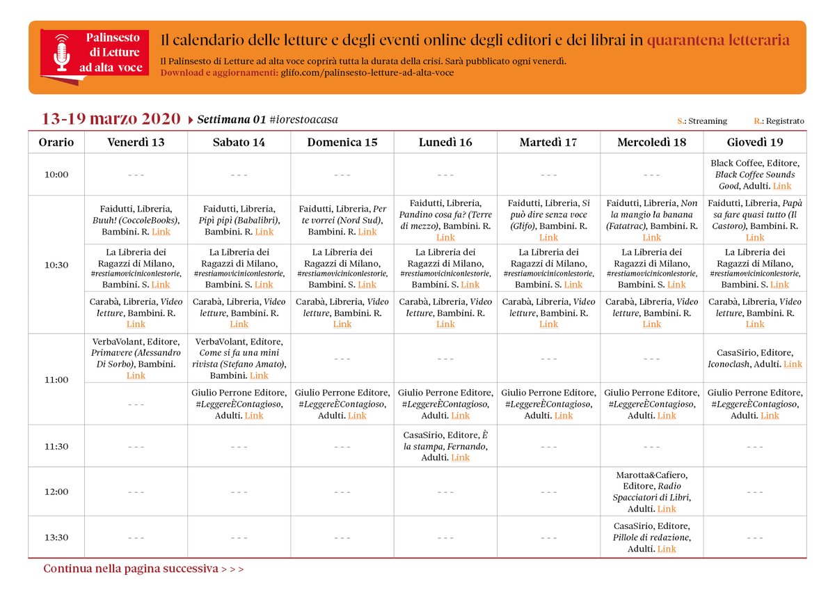 Glifo Edizioni (@glifoedizioni) on Twitter photo Editori e librai in #quarantena letteraria, creatività e #libri in tempo di crisi. Ecco il primo Palinsesto di Letture ad alta voce online. Ogni giorno, appuntamenti #online per bambini e adulti. glifo.com/it/palinsesto-…
<a href="/CasaLettori/">Casa Lettori</a> <a href="/tagadala7/">Tagadà La7</a> <a href="/Robinson_Rep/">Robinson di Repubblica</a> <a href="/repubblica/">Repubblica</a> #lettura Editori e librai in #quarantena letteraria, creatività e #libri in tempo di crisi. Ecco il primo Palinsesto di Letture ad alta voce online. Ogni giorno, appuntamenti #online per bambini e adulti. glifo.com/it/palinsesto-…
<a href="/CasaLettori/">Casa Lettori</a> <a href="/tagadala7/">Tagadà La7</a> <a href="/Robinson_Rep/">Robinson di Repubblica</a> <a href="/repubblica/">Repubblica</a> #lettura