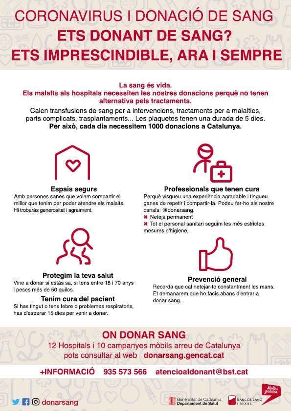 donarsang's tweet photo. Donació de sang i #coronavirus. Ets donant de sang? Ets imprescindible, ara i sempre. Comparteixes? 🙏❤️ https://t.co/GwNnyNMSRm https://t.co/H8MSUe9jhO