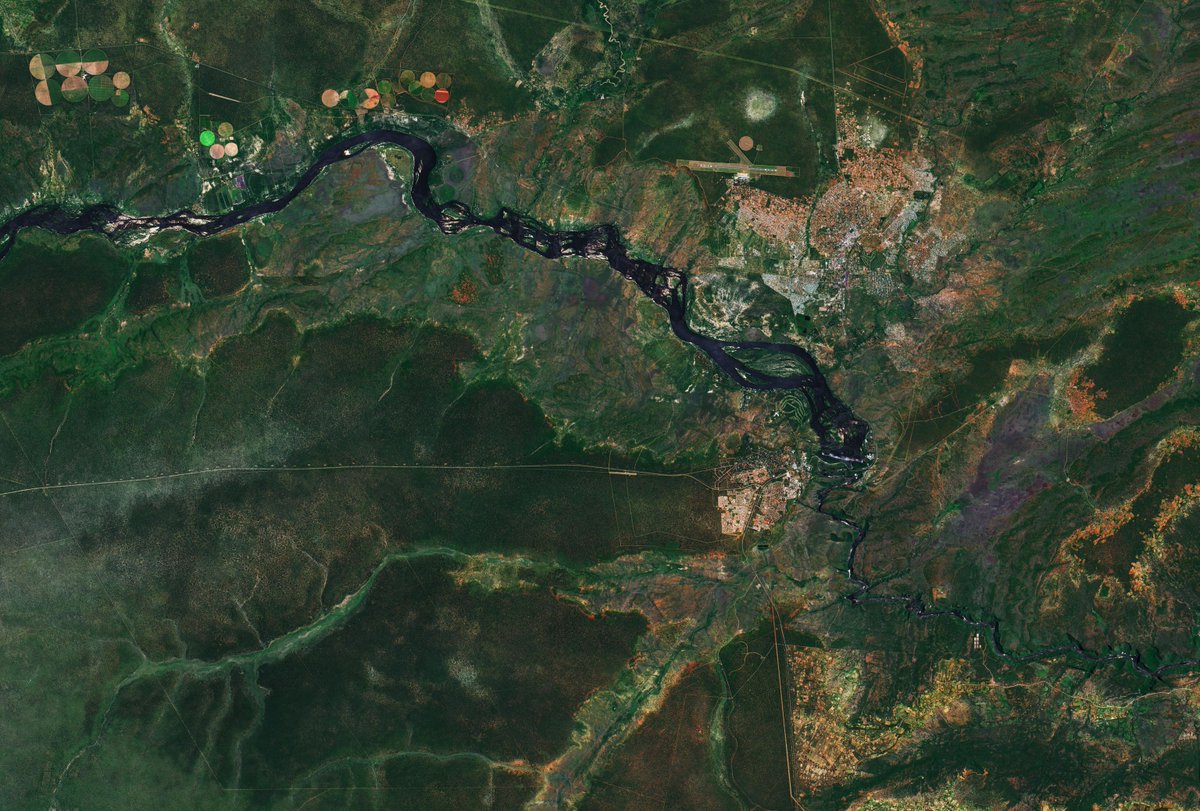 ESA_EarthOnline's tweet photo. #Sentinel2 takes us over the course of #ZambeziRiver between #Zambia and #Zimbabwe in this Feb 2019 image. The river cuts left to right before plunging over #VictoriaFalls (white line in the image), known locally as Mosi-oa Tunya ie #SmokeThatThunders
See: https://t.co/qNqEWizL1V https://t.co/3fHtCegMrb