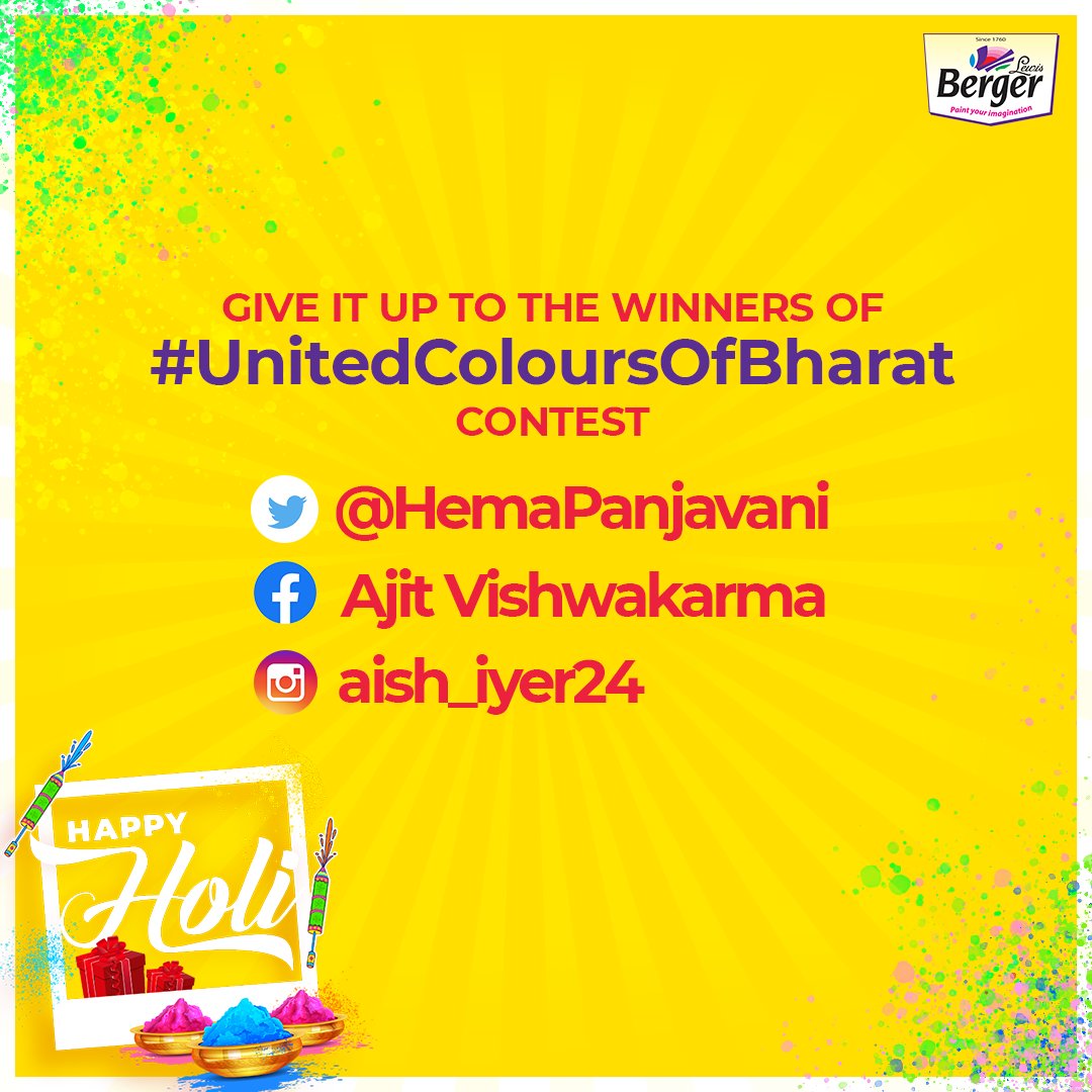 BergerPaintsInd's tweet image. Thanks a ton to the participants for spreading smiles all across the country! Winners are requested to DM us your details. 

#UnitedColoursOfBharat #Holi2020 #BergerPaintsIndia #PaintYourImagination