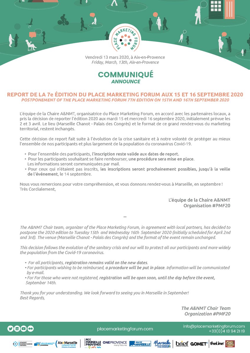 🔴 Communiqué➡️report du #PMF20 

Nous vous donnons rendez-vous les 15 et 16 septembre prochains, à <a href="/MarseilleChanot/">Marseille Chanot</a> 

#Covid_19