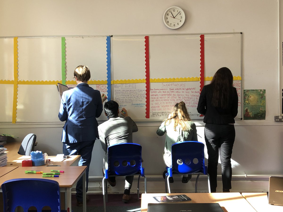 Year 13 are revising for their A Levels this morning. Working together to make thematic notes for their English exam means these students will be well prepared. #sjcrachieve