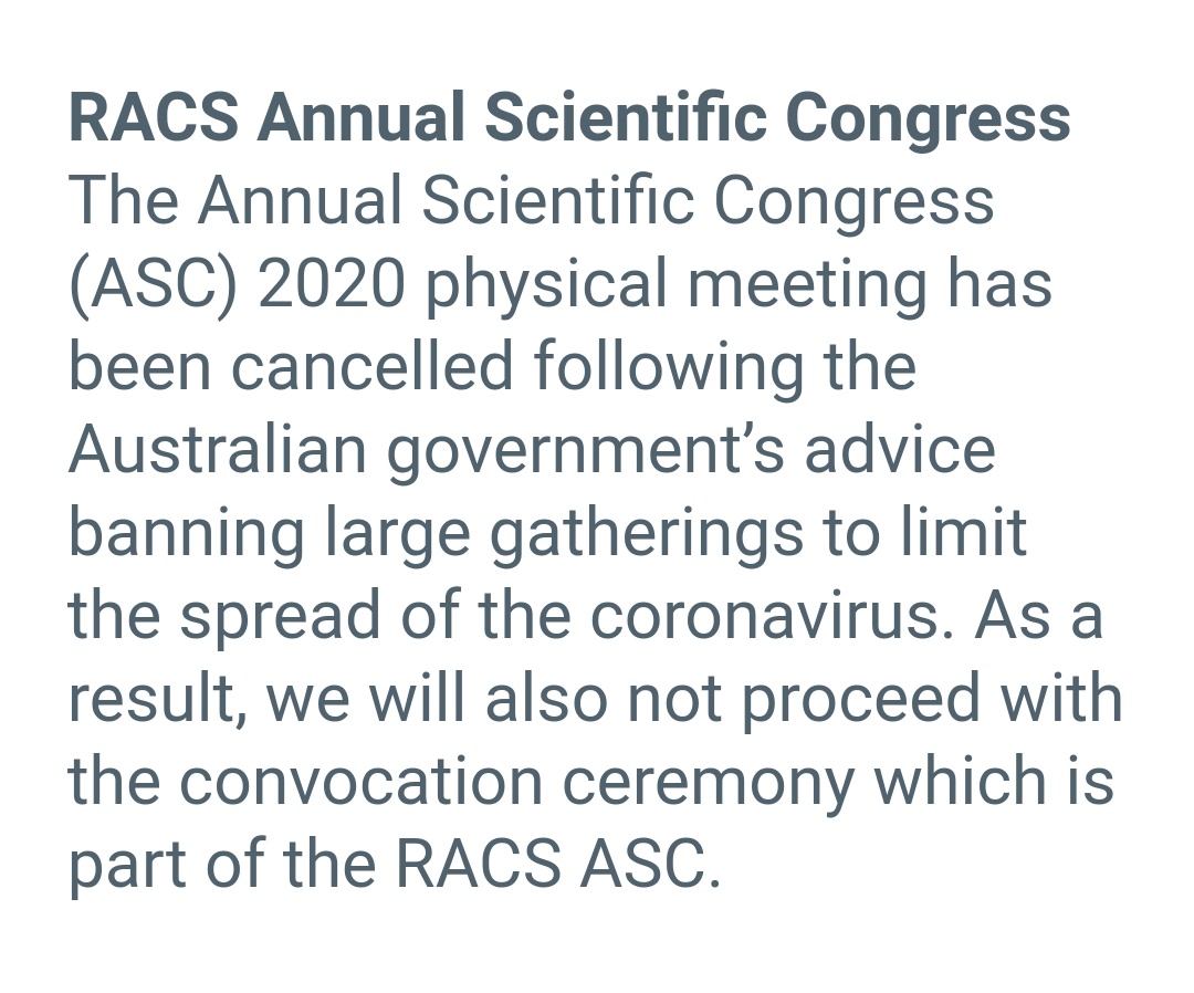 Brave and essential decision to cancel the physical <a href="/RACSurgeons/">RACSurgeons</a> #RACS20 conference. An online/remote option may still proceed. My heart goes out to convenor <a href="/WendyBMelb/">Professor Wendy Brown</a> and organising team, and all the many presenters.
#COVID19