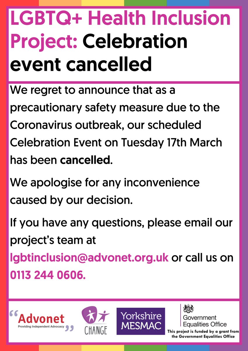 As a precautionary safety measure due to the #coronavirus outbreak, our project's scheduled Celebration Event on Tuesday 17th March has been cancelled. Many apologies for any inconvenience caused <a href="/AdvonetUK/">The Advonet Group</a> <a href="/changepeople_/">CHANGE</a> @yorkshiremesmac  @GEOgovuk
