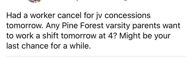 PFHSBoosters's tweet photo. Concessions need help: email Cathy cathyc77@msn.com 
Tonight’s games will be the last for at least 3 weeks. Get out to the Forest tonight and enjoy it while you can. Soccer, softball and baseball take on South View. @SoftballPF @PForestBaseball 
#PacktheForest 🌲⚾️⚽️🥎🌲 https://t.co/6IVoYl6QVW