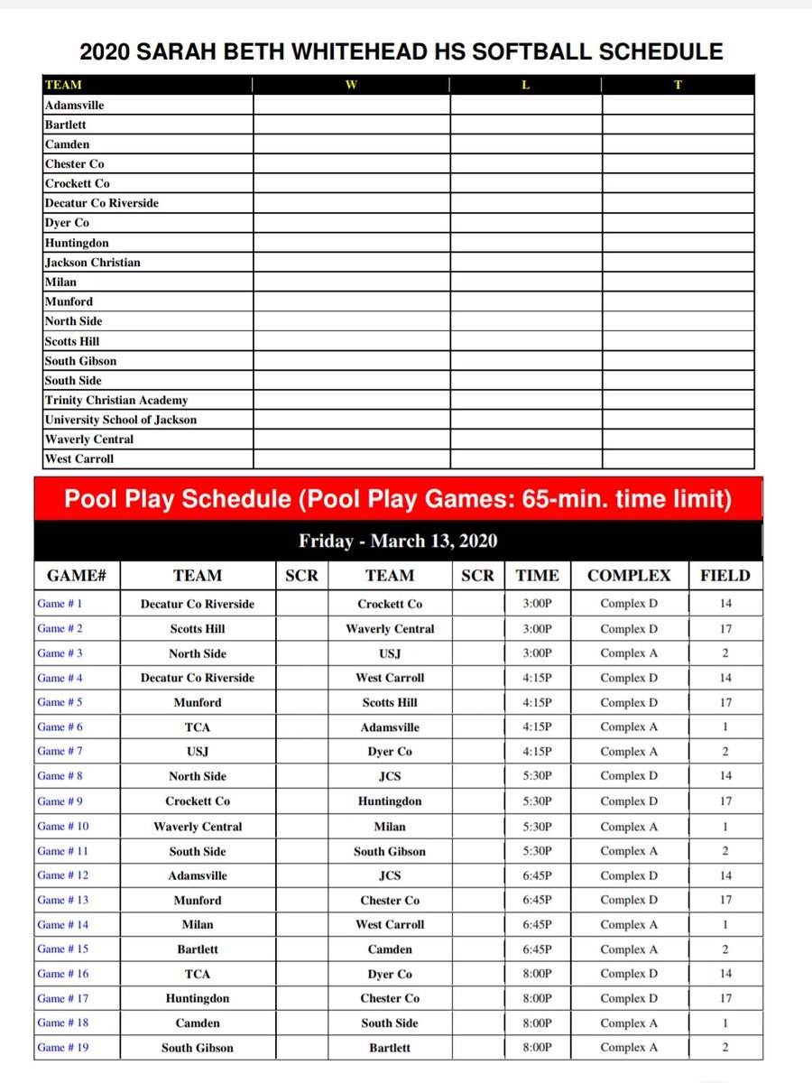 SgcSoftball's tweet photo. Here is the Updated Teams and Schedules for the Sarah Beth Tournament this weekend in Jackson at the SportsPlex. Come cheer on our girls since there is limited sports events to watch. 
#letsgohornets https://t.co/AXAOyCE4Vx