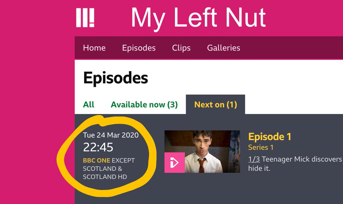 Stick it in yer diaries - #MyLeftNut is being broadcast on <a href="/BBCOne/">BBC One</a> on Tuesday 24th March. (Including <a href="/BBCOneNI/">BBC ONE NI</a> - which should be what folks in the 26 get.) 

So all those who can't get onto <a href="/BBCiPlayer/">BBC iPlayer</a> - check it out!

(Sorry Scotland)

<a href="/RollemProdCo/">Rollem Productions</a> <a href="/bbcthree/">BBC Three</a> <a href="/myleftnutplay/">My Left Nut</a>