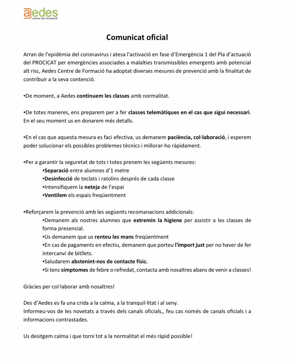 aedesformacio's tweet photo. 👇🏻Arran de l’epidèmia del coronavirus i atesa la fase d’Emergència 1 del Pla d’actuació del PROCICAT per emergències associades a malalties transmissibles emergents amb potencial alt risc, Aedes ha adoptat diverses mesures de prevenció per contribuir a la seva contenció https://t.co/Ko6mHDZmYF