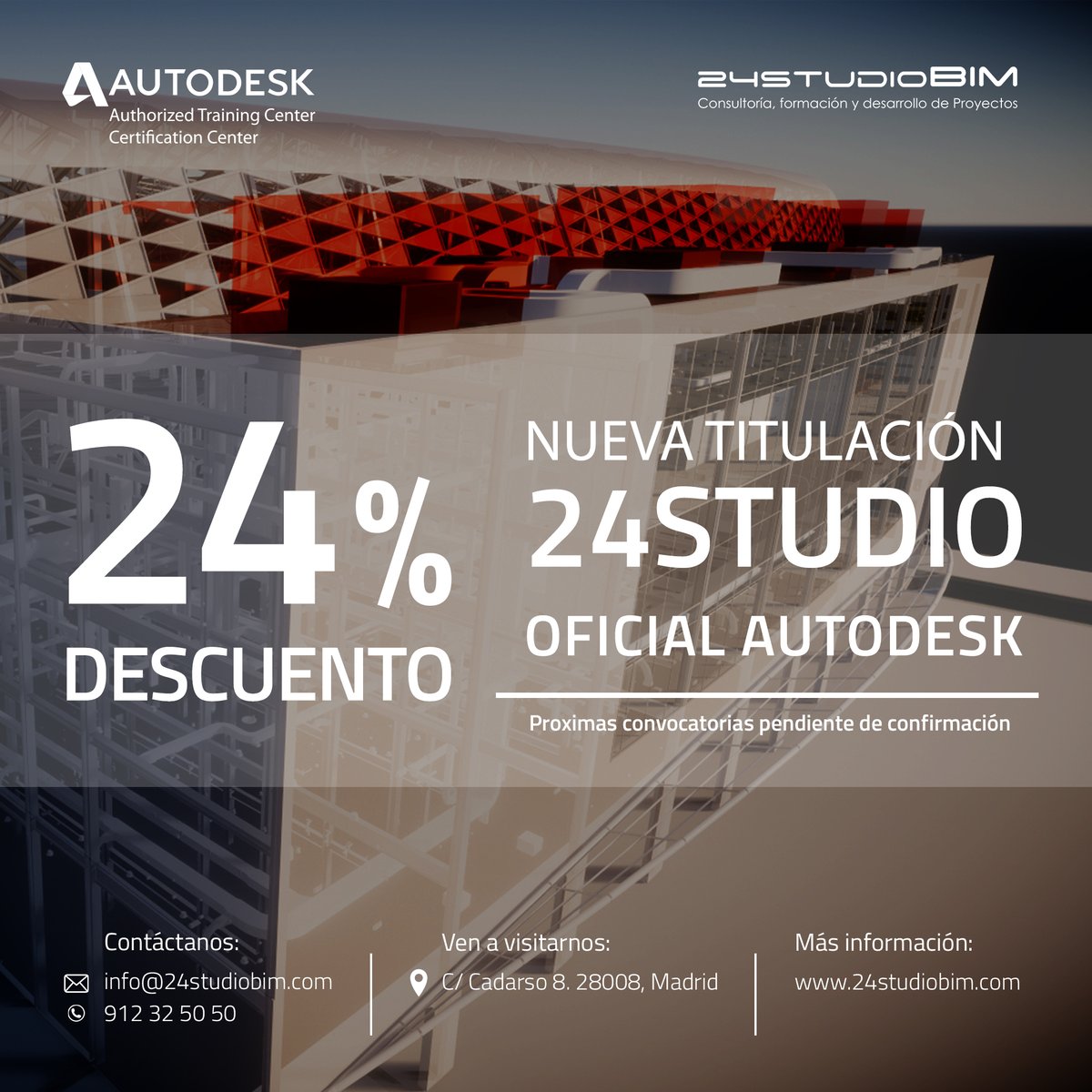 Está a la vuelta de la esquina el comienzo de las clases de nuestros nuevos #MasterBIM con Titulación Superior oficial de #Autodesk.

¡No te quedes sin plaza! Matricúlate antes del 24 de marzo y disfruta de un 24% de descuento en los módulos BIM I - BIM II - BIM III - BIM IV.