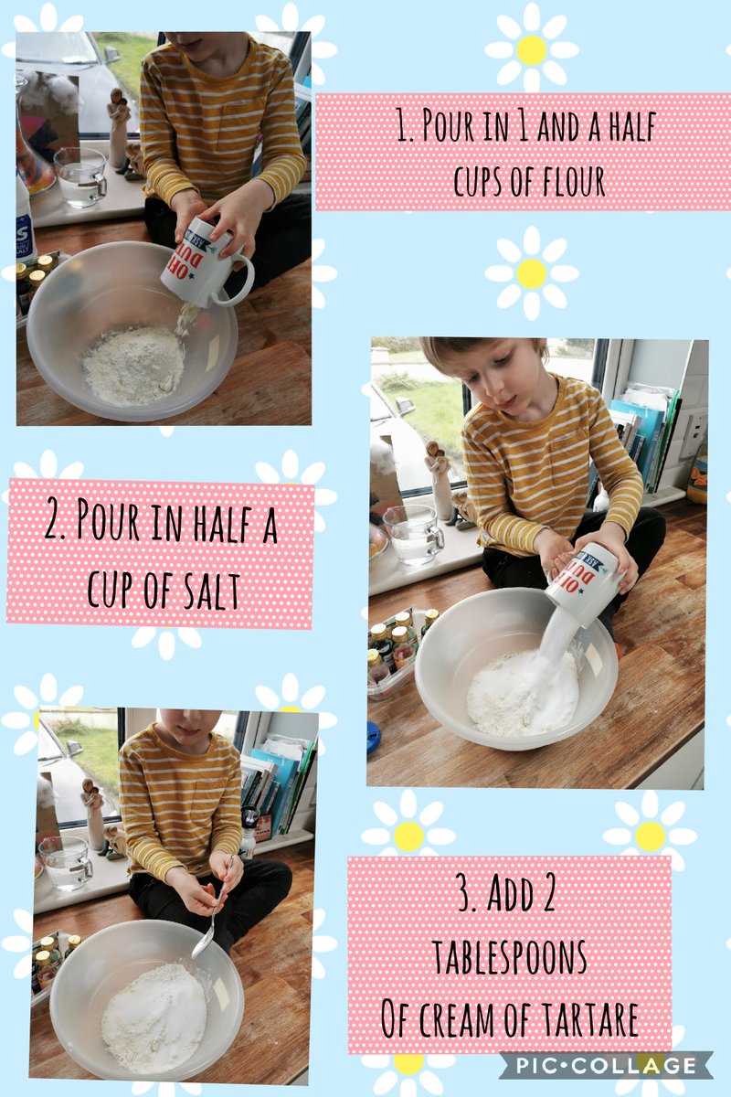 MsLeahySCMJ's tweet photo. Making playdough is something you can try at home to keep busy. It's cheap &amp; is non toxic (not for eating though, it's super salty!). Make sure a grown up does the boiling water part. Other than that let your smallie mix and mess away! #stuckinside #keepactive #keepbusy https://t.co/1ZRwsEM7xM