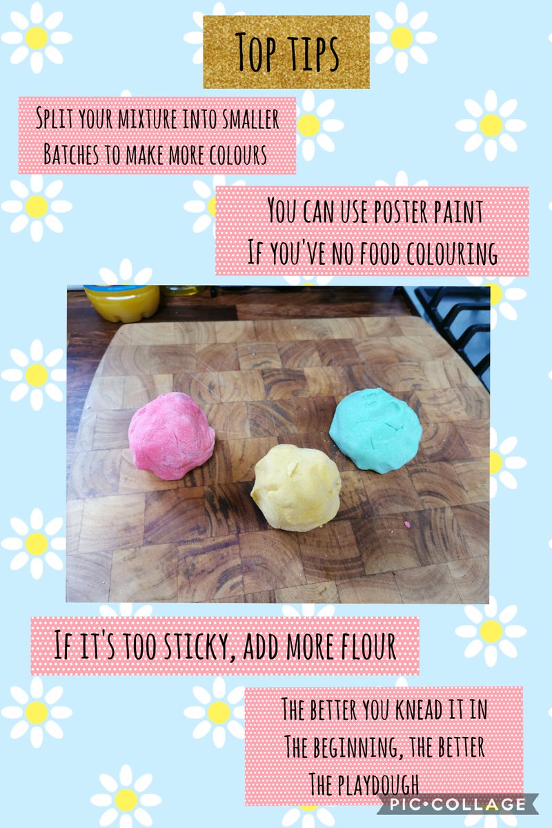 MsLeahySCMJ's tweet photo. Making playdough is something you can try at home to keep busy. It's cheap &amp; is non toxic (not for eating though, it's super salty!). Make sure a grown up does the boiling water part. Other than that let your smallie mix and mess away! #stuckinside #keepactive #keepbusy https://t.co/1ZRwsEM7xM
