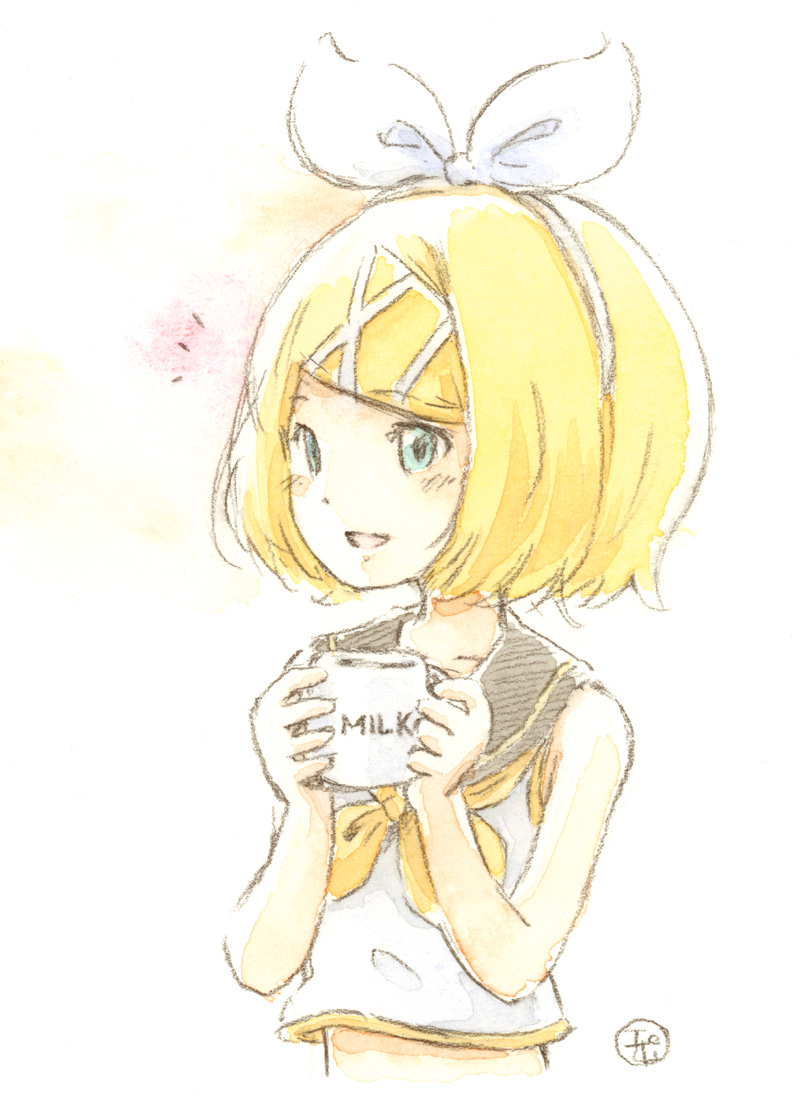 鏡音リン 「ホットミルクとリンちゃん描きました～
みんな牛乳飲もう 」|エポキシパテのイラスト