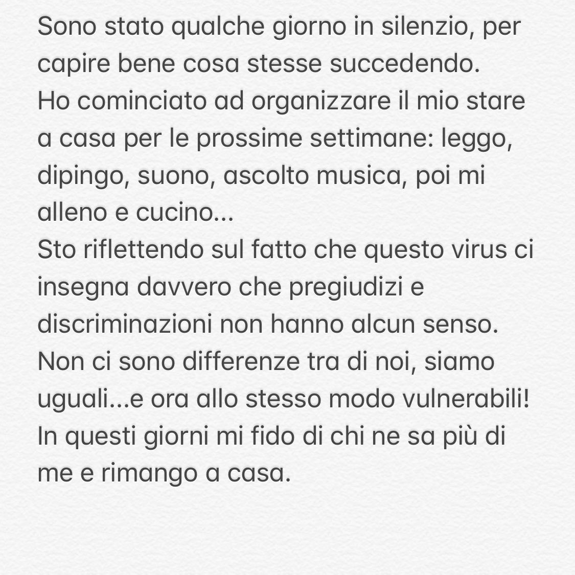 mengonimarco's tweet photo. Sto riflettendo sul fatto che questo virus ci insegna davvero che pregiudizi e discriminazioni non hanno alcun senso. https://t.co/BUJ1syCQ7F