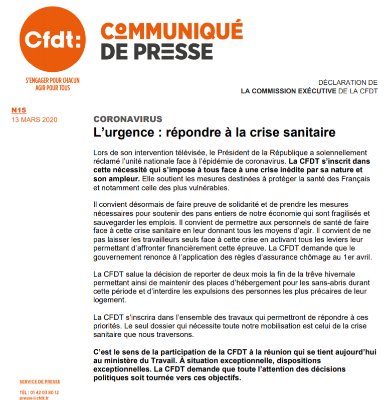 CFDT's tweet photo. || COMMUNIQUÉ DE PRESSE || #coronavirus Le seul dossier qui nécessite toute notre mobilisation est celui de la crise
sanitaire que nous traversons. C’est le sens de la participation de la CFDT à la réunion qui se tient aujourd’hui
au ministère du Travail.

https://t.co/VfGslyCsUW https://t.co/MGwfkakx4G
