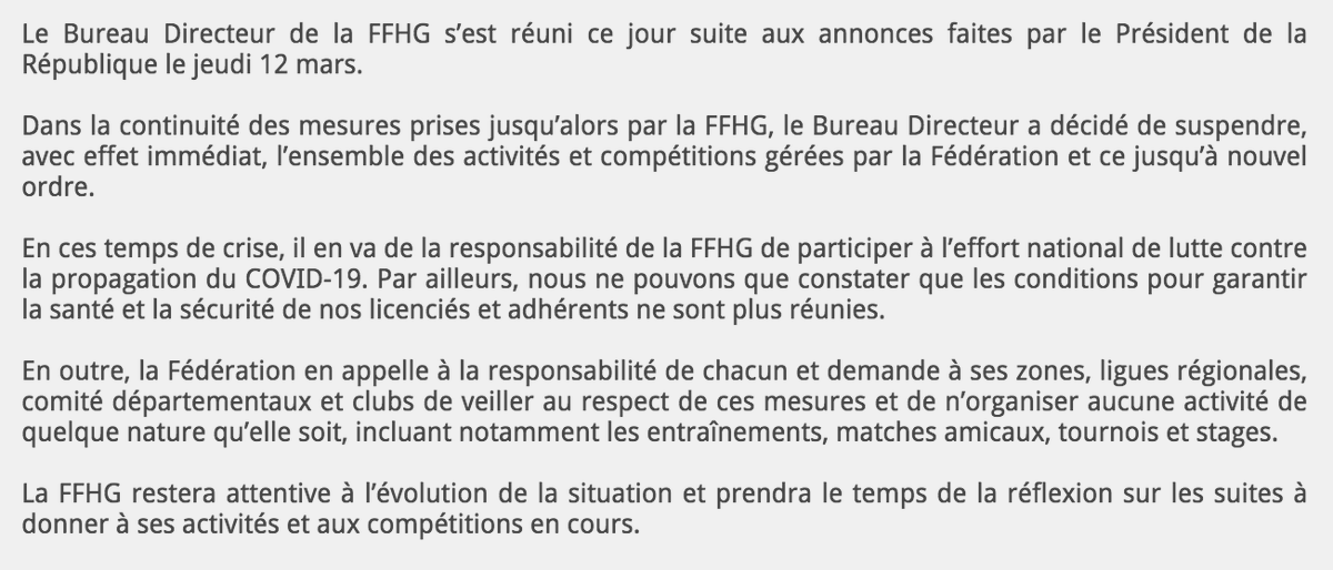 📝 Communiqué officiel. La Fédération suspend l'ensemble de ses activités et compétitions 👉 bit.ly/2vj2gfr #HockeyFrance #Covid_19