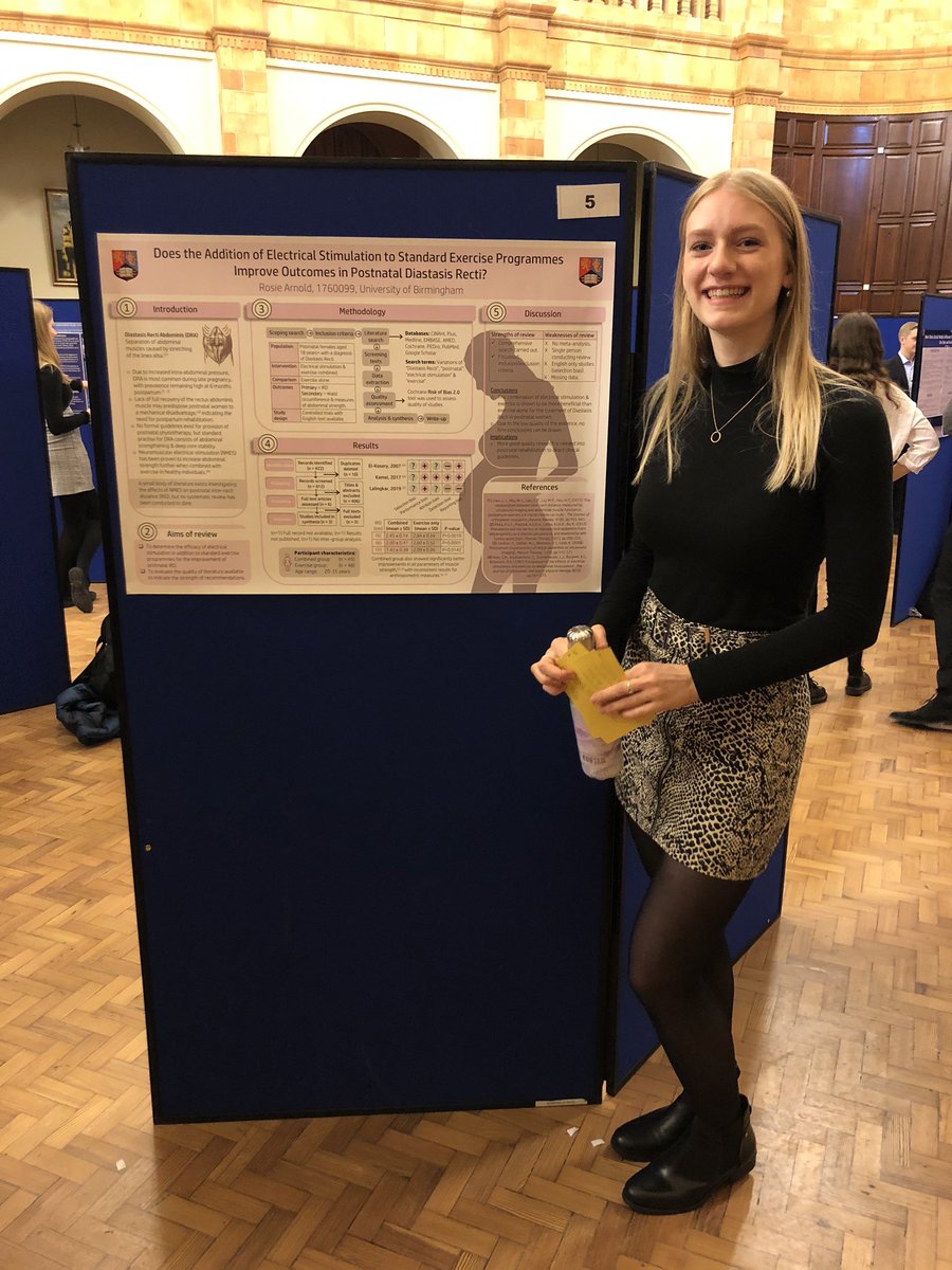 PhysioRArnold's tweet photo. Dissertation poster complete! Good luck to everyone today @UoB_PhysioSoc @UBSportExR @unibirmingham 

My systematic review is looking at whether we can improve postnatal Diastasis Recti with the addition of electrical stimulation. #womenshealth https://t.co/d1x25EQQz7