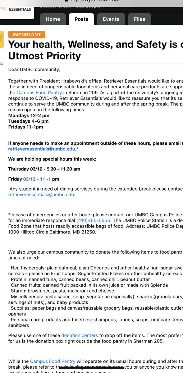UMBC_PhDivah's tweet photo. UMBC Retriever Essentials open today from 11 am to 1 pm even though the UMBC Main Campus is closed. If you live near UMBC please consider donating. If you don’t live near UMBC, please consider donating to your local food pantry.
#retrieveressentials #letshelpeachother #donate https://t.co/vCPWI411M1