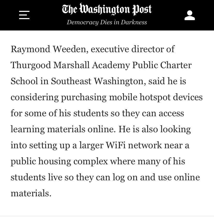 PerryStein's tweet image. This school head estimates 1/3 of his 400 students lack internet and is trying to buy them hotspots or get large WiFi networks in their nabes.
“Our options are to do it or not do it,” he said. “We’re morally obligated to do it and we’ll figure it out” washingtonpost.com/local/educatio…