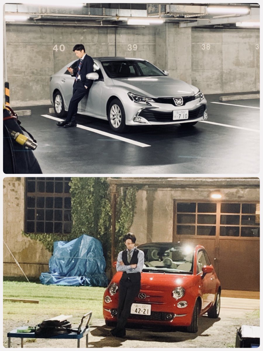 dissonance2020's tweet photo. 兄&amp;兄の車、弟&amp;弟の車。祐介(兄)の車は警察車、真佐人(弟)はマイカー(格差)
＃不協和音
＃兄弟2人とも車によっかかる
＃はからずも似る構図
＃機材写ってるの許してください
＃撮影中の写真なので
＃兄は弟を弟は兄を待っている
＃どっちもイライラしてる
＃田中圭
＃中村倫也
＃日曜夜9時 https://t.co/EyYlLRTcqA