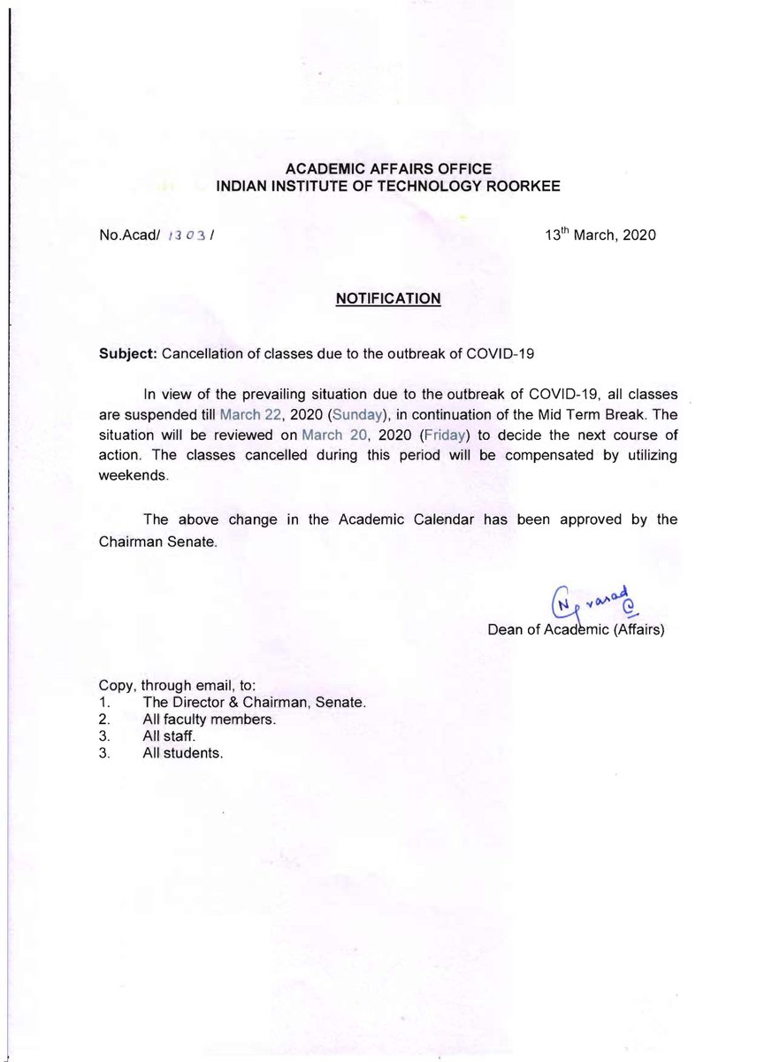 Cancellation of classes till 22nd March, 2020 due to the outbreak of #COVID19