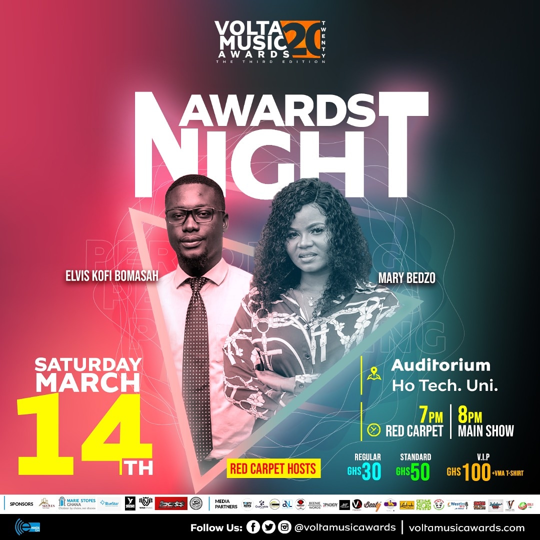 VoltaMusicAward's tweet photo. @ElvyssB and @fitnit60 will be the official Red Carpet Hosts for the 3rd Edition of the prestigious Volta Music Awards coming off this Saturday 14th March, 2020 at the Ho Technical University Auditorium.
#VMA20 #VoltaMusicAwards
#EmpoweringOurHeritage #VoltaRegion https://t.co/VwaaX90iV1