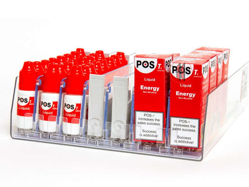 Präsentationslösung für Liquids, zum Aufstellen im Regal und auf der Theke.
Das Display ist  für Flaschen- und Kartonverpackung einsetzbar.
Die Facheinteilung lässt sich stufenlos an unterschiedliche Produktbreiten anpassen.

#ladenbau #ladenausstattung #Tankstelle #kiosk #POS