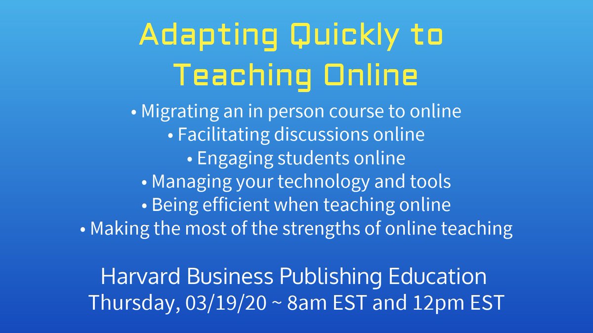 There will be two webinars on "Adapting Quickly to Teaching Online" via <a href="/HarvardBizEdu/">Harvard Business Impact Education</a> on Thursday, March 19th!

8am: bit.ly/3cXvjWP

12pm: bit.ly/3cQUKJI

#HMICommunity #MedEd #COVID19 @GLBDallaghan <a href="/JenniferAllie1/">Jennifer Allie, PhD, MPA</a> <a href="/Klodiana23/">Klodiana Kolomitro, PhD</a>

Free, pre-registration required: