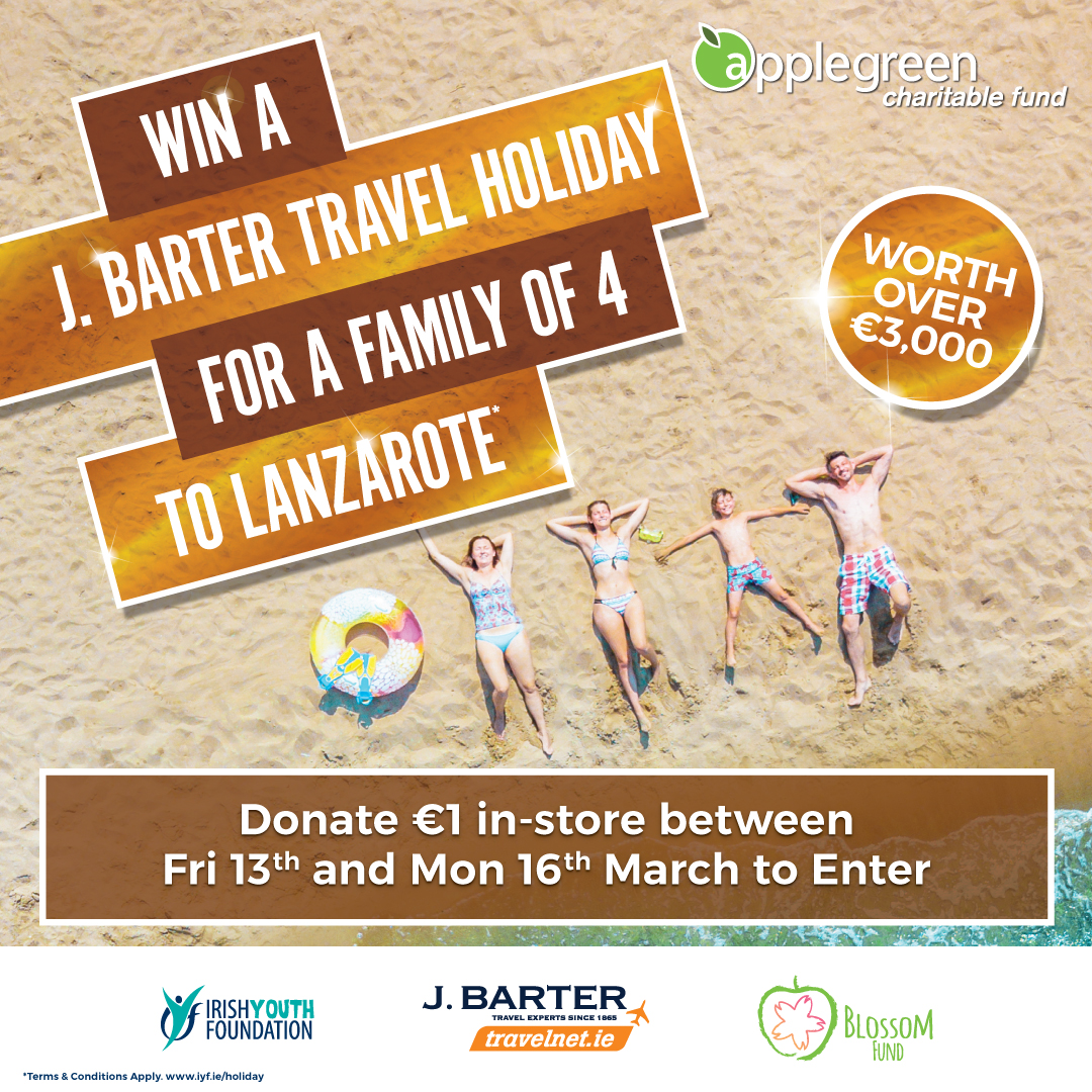 goapplegreen's tweet photo. Who wants to win a @bartertravel holiday to Lanzarote that can be taken after all this is over? 😎 Donate €1 to @IYFCharity at the till at any Applegreen store ROI between now and Monday, and you're in with a chance to win! #MyApplegreen #Competition https://t.co/uPDuX1pMDn