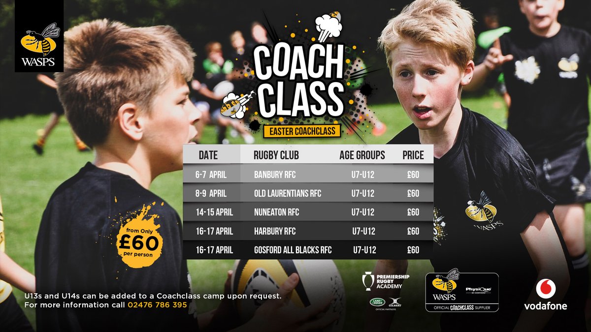 Great to see places flying at <a href="/GAB_RFC/">Gosford All Blacks</a> now including a Junior Girls camp this Easter! To book your place or find out more, head to:

wasps.co.uk/coachclass

Come along and learn to play the <a href="/WaspsRugby/">Wasps Rugby</a> Way! #WeAreWasps
