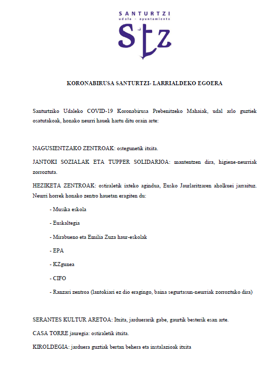 AytoSanturtzi's tweet photo. ❗️❗️Orain arte Santurtzin hartutako neurriak kutsatuen kopurua gora egin ez dezan. Eguneratuta.

#Santurtzi #COVID19 https://t.co/7qsOUGCs6T