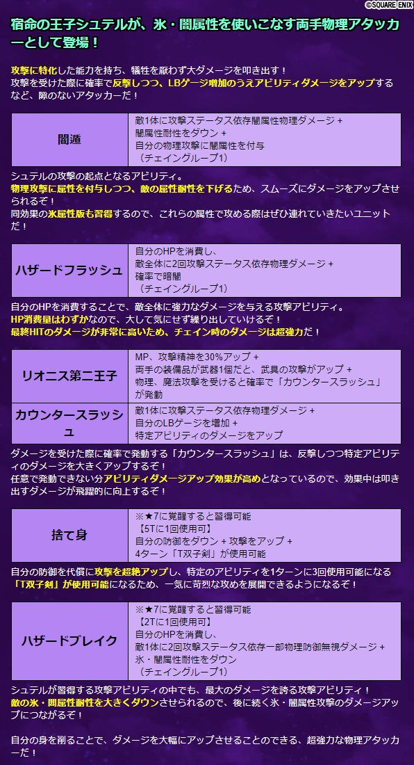 Ffbe公式 On Twitter ユニット紹介 1 4 氷 闇属性を使いこなす両手物理アタッカー 攻撃に特化した能力を持ち 犠牲を厭わず大ダメージを叩き出す 攻撃を受けた際に確率で反撃しつつ Lbゲージ増加のうえアビリティダメージをアップするなど 隙のない