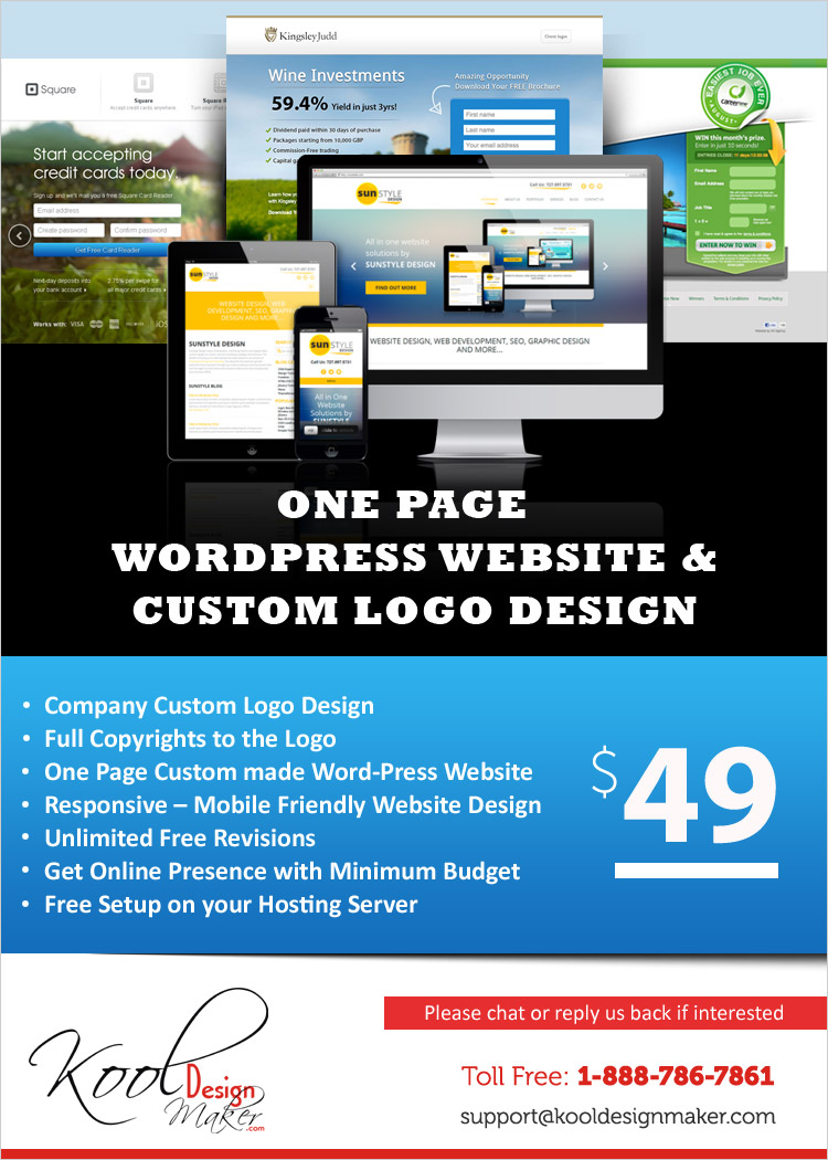 kooldesignmaker's tweet photo. One Page WordPress Website &amp; Custom Logo Design.$49
Company Custom logo design
Full copyright to the logo
One page custom made word press website
Responsive-mobile friendly website design
Unlimited free Revision. https://t.co/B2f3J2cqbc