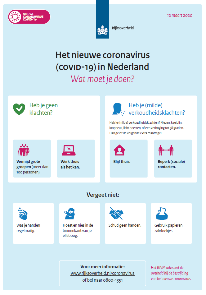 ggdln's tweet photo. In Nederland gelden maatregelen tegen de verspreiding van het #coronavirus. Wat moet je zelf doen? Actuele informatie is te vinden op onze GGD website: https://t.co/whhLKMdc2f https://t.co/q7XLDIU8jg