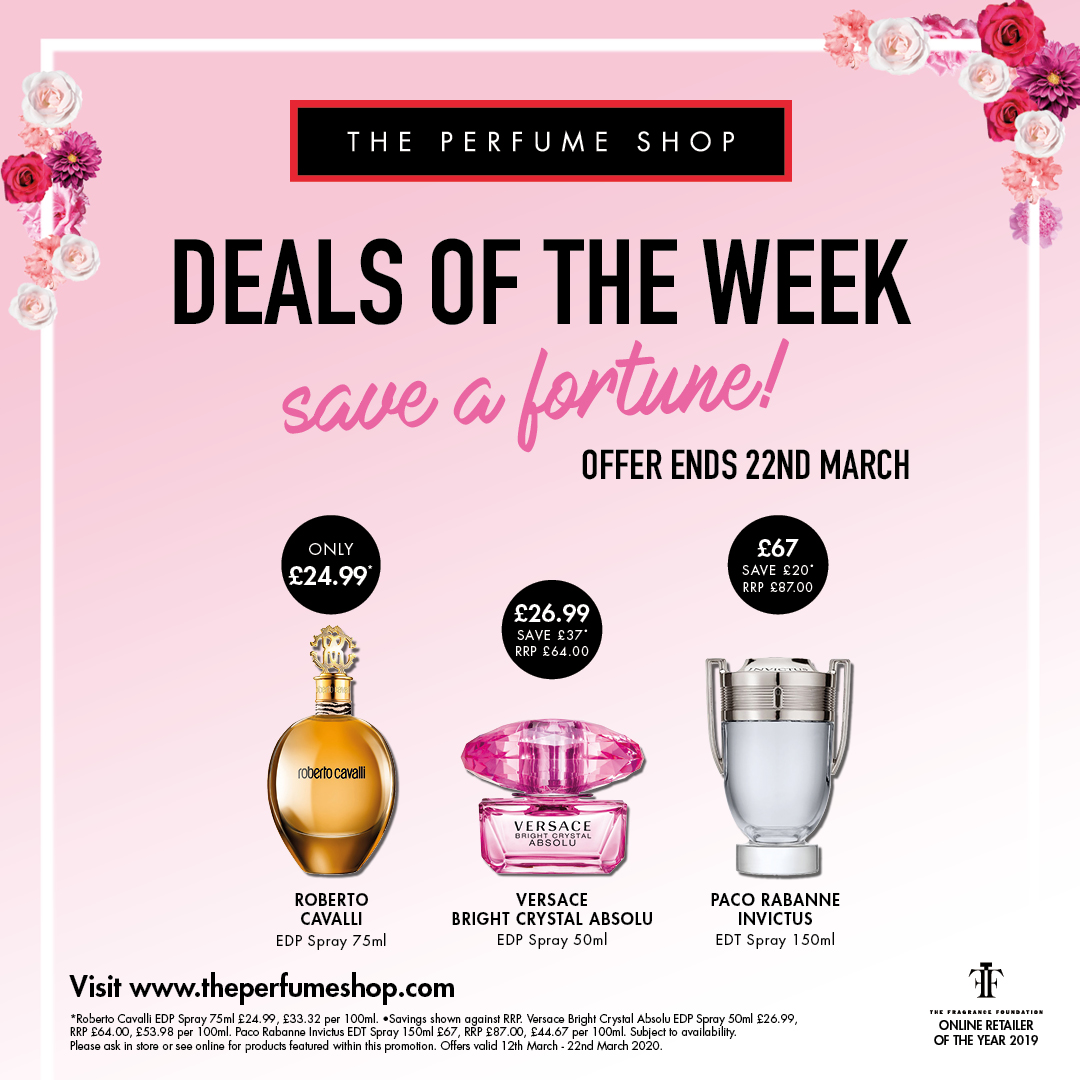 Fort_Shopping's tweet photo. .@ThePerfumeShop have just released their deals of the week just in time for Mother's Day!

Roberto Cavalli Spray £24.99
Versace Bright Crystal Absolu £26.99
Invictus Paco Rabanne £67

#theperfumeshop #tpssc #tpsoffers #DealsoftheWeek https://t.co/KyttRDdMoI