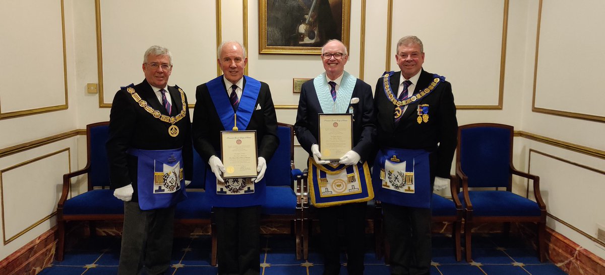 MasonicBristol's tweet photo. The #PGM for #Bristol @JMWD presented WBro Mackintosh (second left) with his 50 year certificate for services to #Masonry.  Also on the same night, W.Bro. Fergusson from @Harmony7127 seen here with the #DPGM was initiated 50 years ago! @PGL_Bristol #Mason https://t.co/6bRqNnJW4B