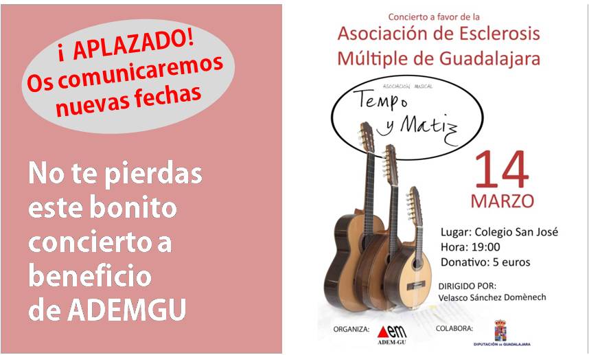 Os comunicamos que el concierto "Tempo y Matiz" que se iba a celebrar el día 14, ha sido aplazado. Os comunicaremos nuevas fechas.