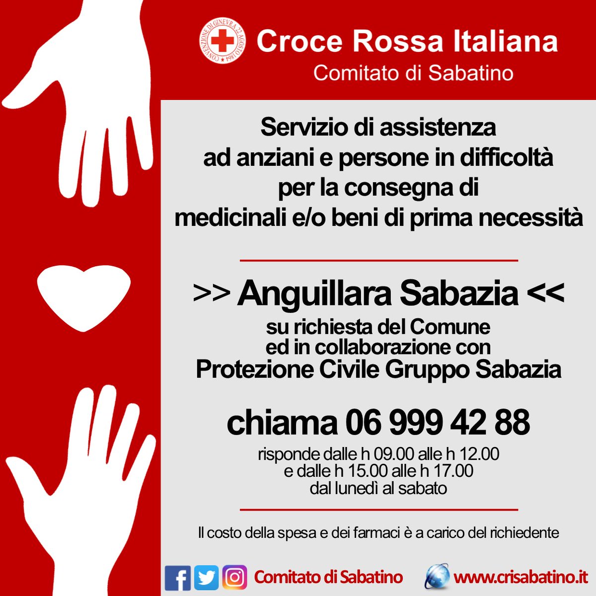 CRIComSabatino's tweet photo. Il nostro impegno a fianco dei più vulnerabili!
Ad #AnguillaraSabazia il servizio di assistenza potrà essere richiesto chiamando lo 06 999 42 88.
Per assistenza a #Bracciano, #CanaleMonterano, #Manziana e #TrevignanoRomano, servizio #CRIperlepersone al numero verde 800 06 55 10. https://t.co/NlO3leyfGt
