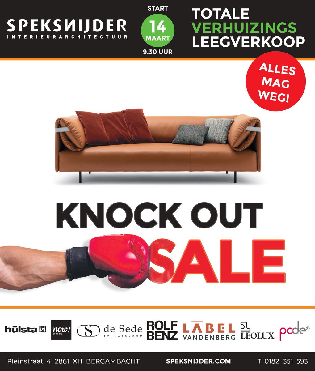 Knock out Sale en Corona

Op zaterdag 14 maart start onze totale verhuizings leegverkoop met op alle meubelen grote showroomkortingen. Helaas is het Corona virus op steeds meer plaatsen in ons land actief. De overheid neemt drastische maatregelen en last alle grote evenementen af