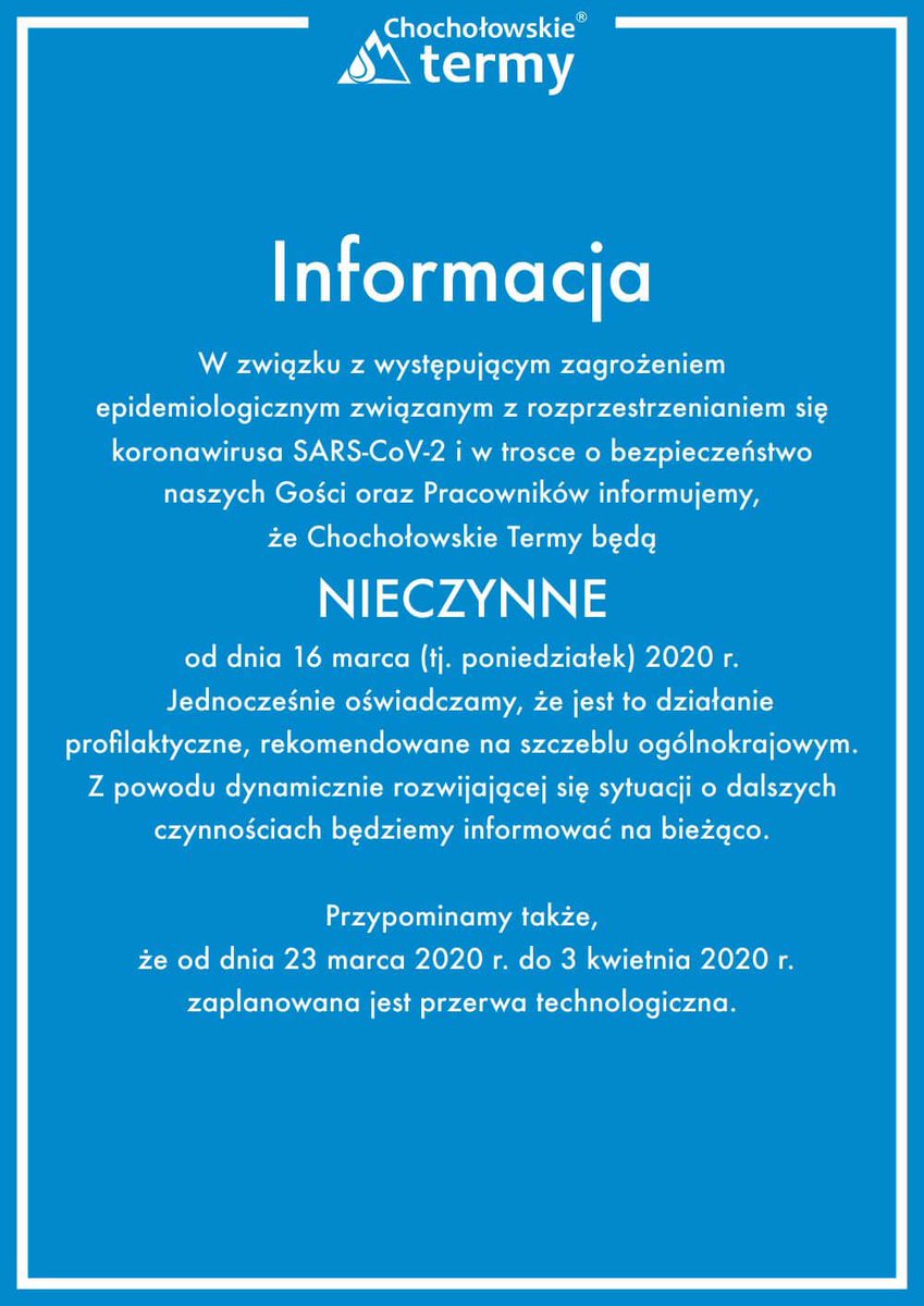 chocholowpl's tweet photo. @Chocholow_Termy  zamknięte od 16.03 @24tp_pl https://t.co/vPzOOIgXOA