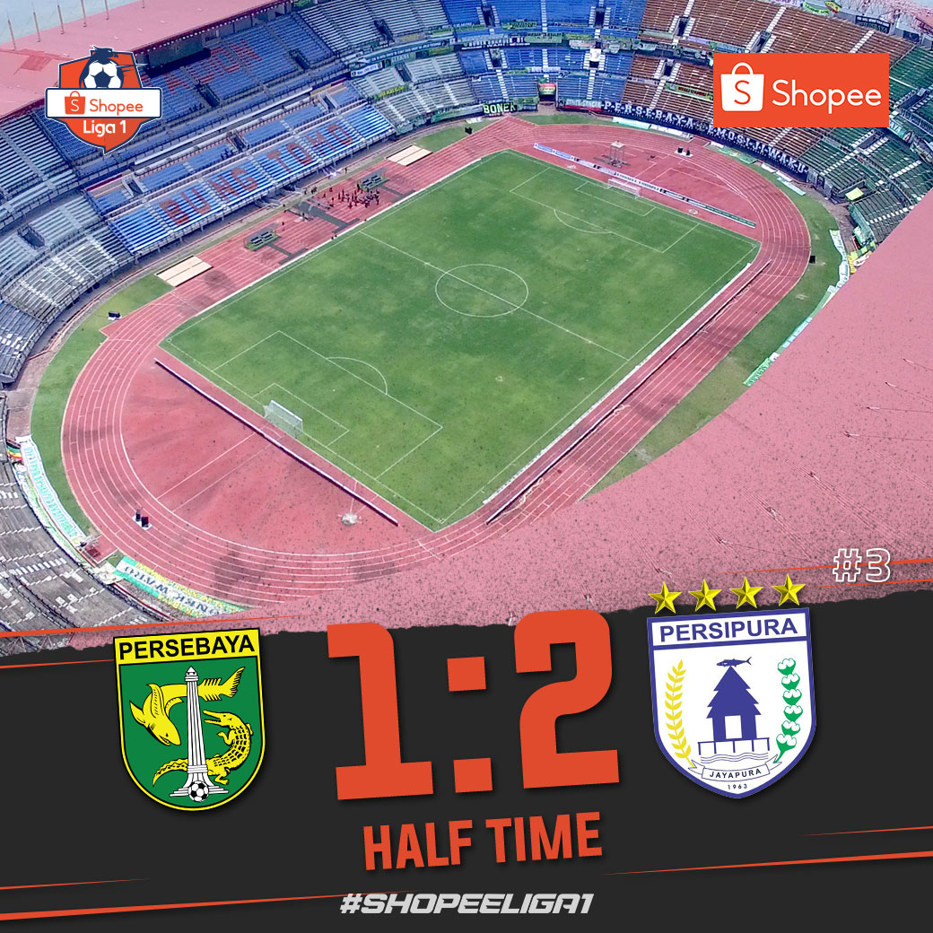 Liga1Match's tweet photo. HALF TIME: @persebayaupdate 1-2 @persipura63.

Tim tamu PERSIPURA Jayapura unggul hingga babak pertama berakhir.

#PSBYvJYPA https://t.co/V4bUYbxVgH