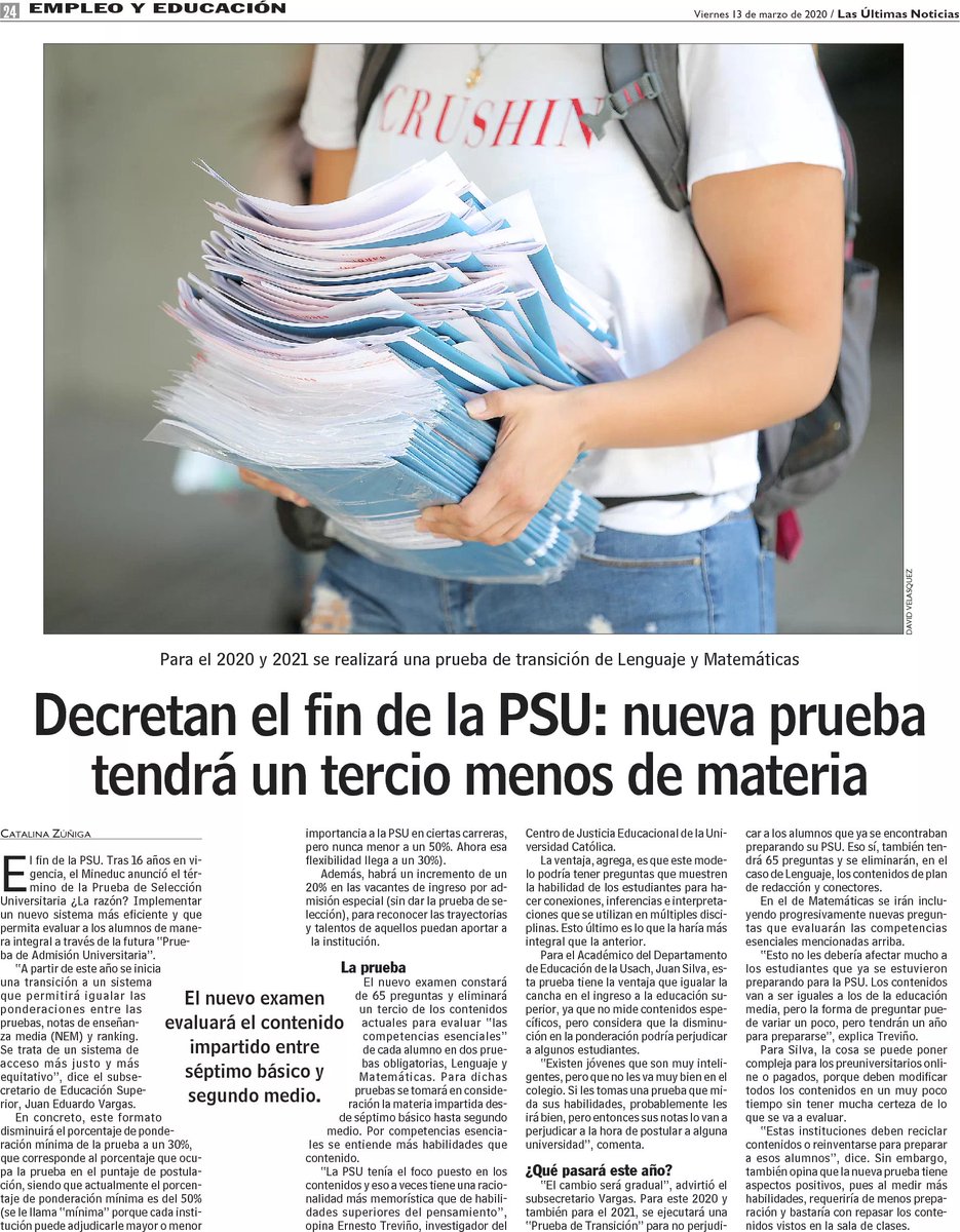 Mineduc's tweet photo. #MineducEnLaPrensa 🗞 Medios nacionales destacan el Nuevo Sistema de Acceso que reemplazará a la PSU #FelizViernesATodos 👇 https://t.co/52GaC6GLRM