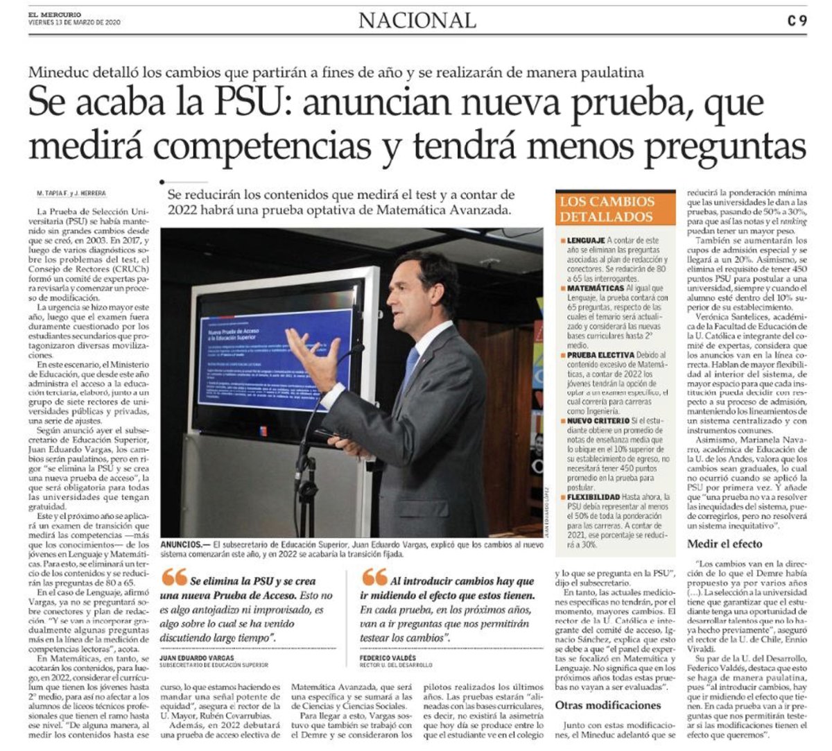 Mineduc's tweet photo. #MineducEnLaPrensa 🗞 Medios nacionales destacan el Nuevo Sistema de Acceso que reemplazará a la PSU #FelizViernesATodos 👇 https://t.co/52GaC6GLRM