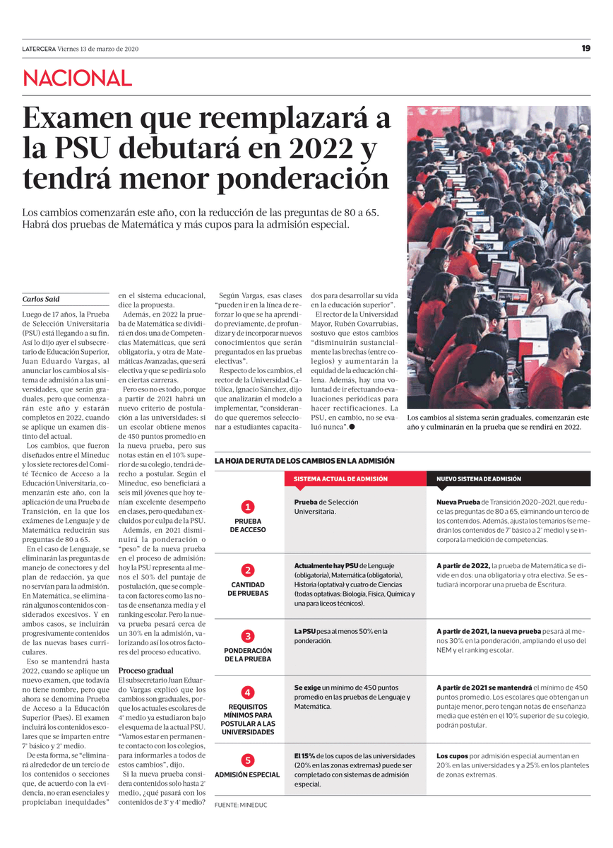 Mineduc's tweet photo. #MineducEnLaPrensa 🗞 Medios nacionales destacan el Nuevo Sistema de Acceso que reemplazará a la PSU #FelizViernesATodos 👇 https://t.co/52GaC6GLRM