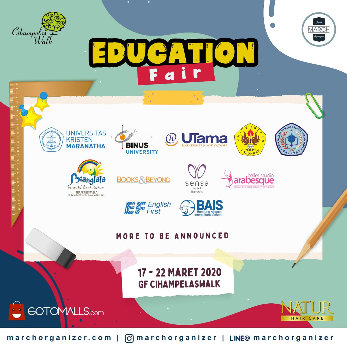 MarchOrganizer's tweet photo. Hey Bandung! Buat yg galau nyari sekolah buat anaknya atau nyari kampus ada acara Education Fair di Cihampelas Walk 17-22 Maret. Yuk dateng biar tau langsung program apa aja yang tepat untuk pendidikan anak-anak kita! Informasi lebih lanjut, follow @marchorganizer
#educationfair https://t.co/csJCS3MWi7