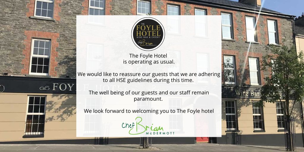 FoyleHotel (@foylehotel) on Twitter photo ❗️ Attention ❗️
<a href="/FoyleHotel/">FoyleHotel</a> is operating as usual.
We would like to reassure our guests that we are adhering to all <a href="/HSELive/">HSE Ireland</a> guidelines during this time. The well-being of our guests and our staff remain paramount.
We look forward to welcoming you.
#Coronavirus #StaySafe ❗️ Attention ❗️
<a href="/FoyleHotel/">FoyleHotel</a> is operating as usual.
We would like to reassure our guests that we are adhering to all <a href="/HSELive/">HSE Ireland</a> guidelines during this time. The well-being of our guests and our staff remain paramount.
We look forward to welcoming you.
#Coronavirus #StaySafe