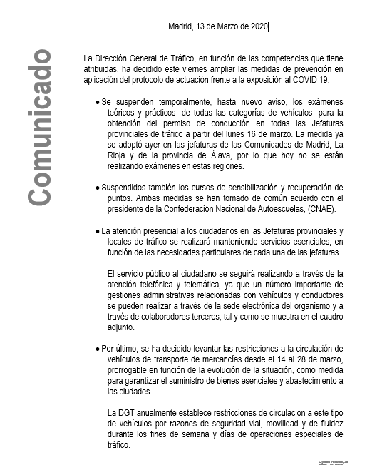 DGTes's tweet photo. #DGTComunica📢

🔹Se suspenden TODOS los exámenes de conducir a partir del lunes 16 de marzo por #Covid_19. 

🔹En las Jefaturas de Tráfico la atención presencial se mantendrá en servicios esenciales.

🔹Se levantan restricciones a los vehículos de transporte de mercancías ℹ️👇 https://t.co/Tj4WwmQX3g